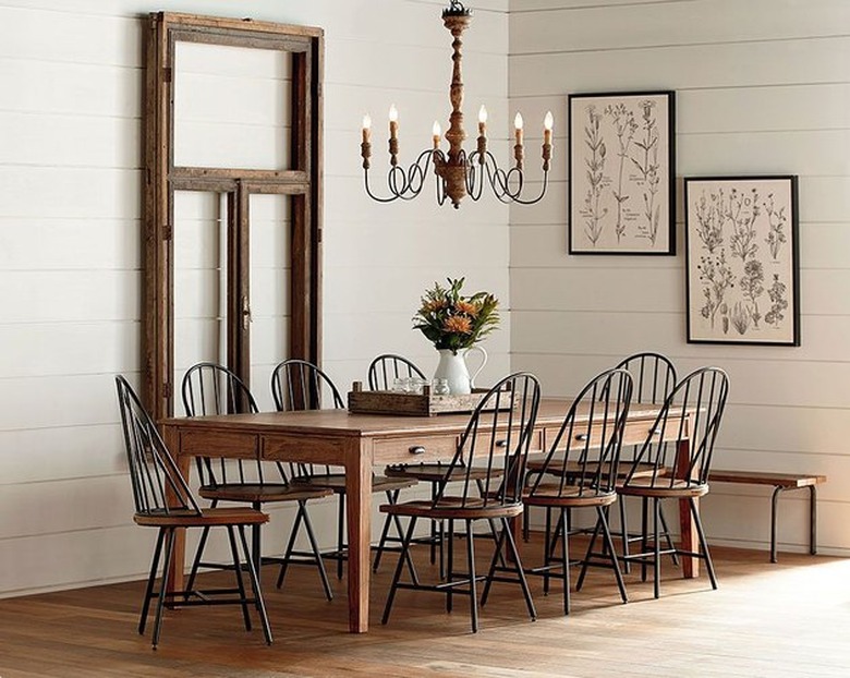 farmhouse style dining table with chandelier