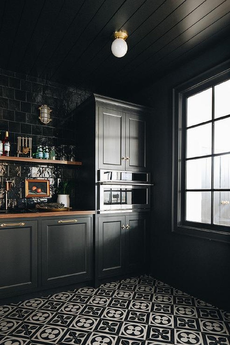 black kitchen pantry with paneled ceiling