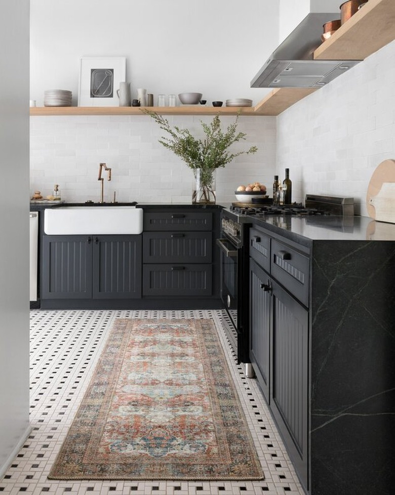 black bead board kitchen cabinets with open shelving