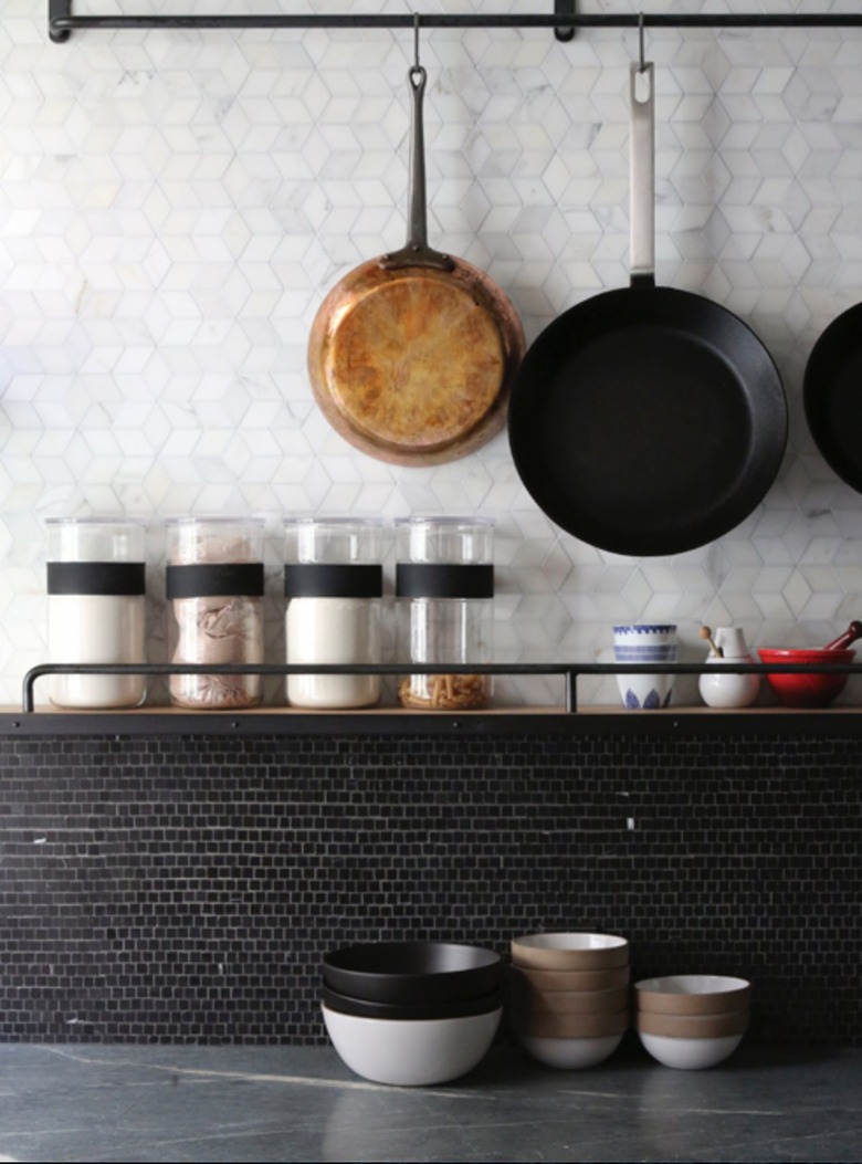 black mini square tile backsplash