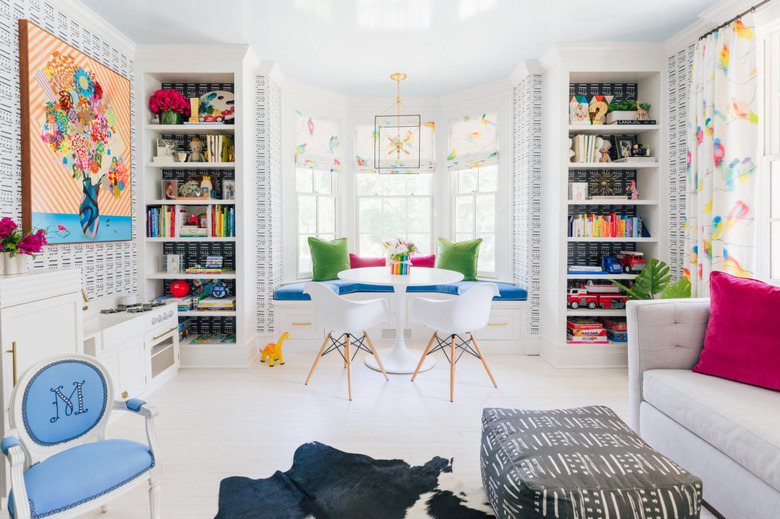 Colorful kids playroom idea with pops of pink, green, and blue