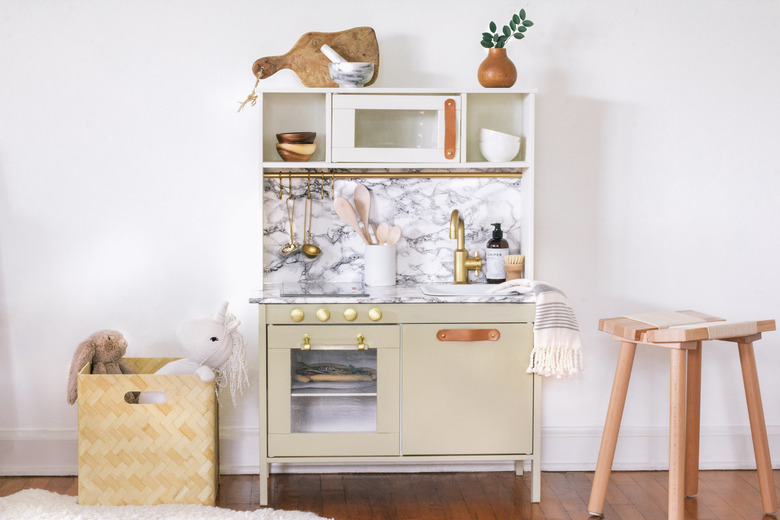 IKEA play kitchen makeover with marble contact paper