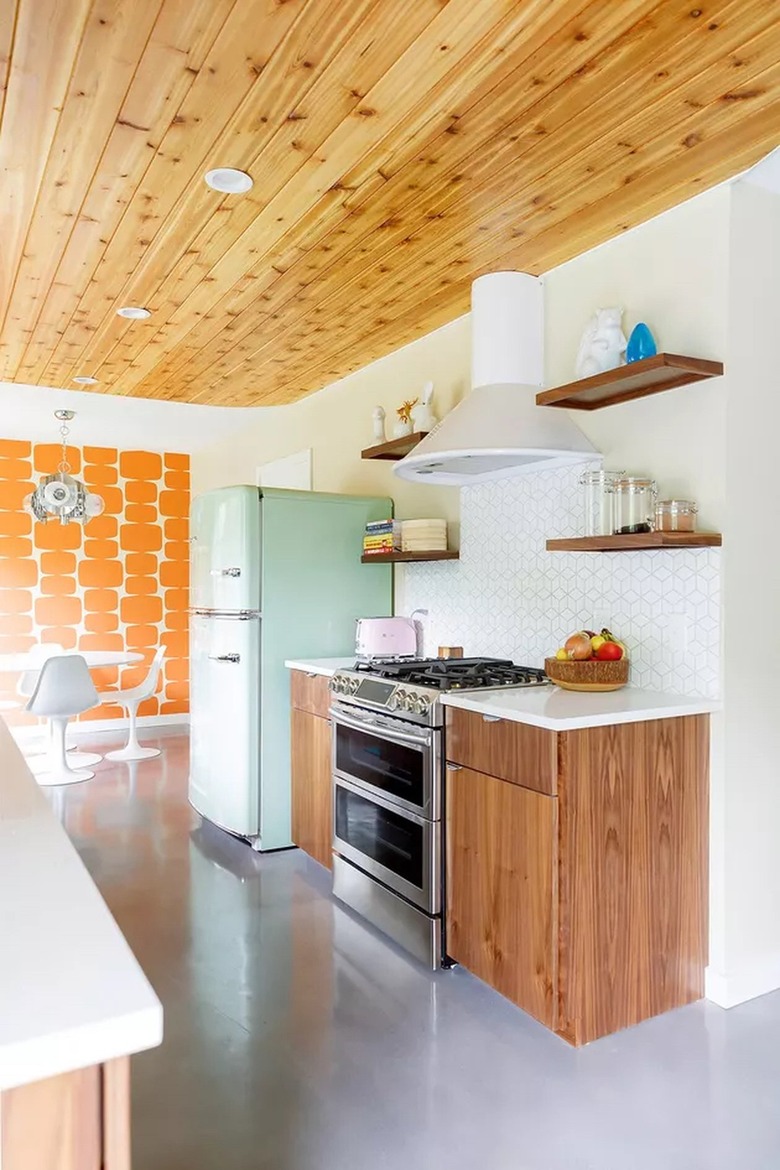 white retro kitchen with wooded ceiling