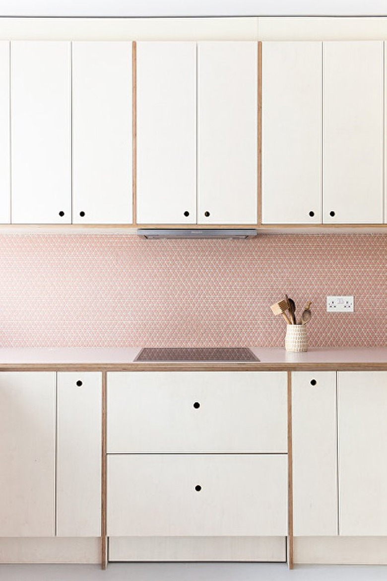 pink and white kitchen backsplash idea with pink mosaic backsplash