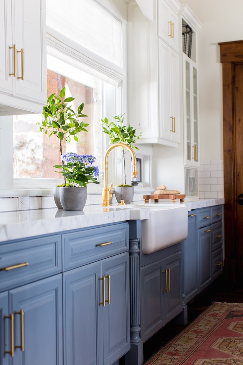 kitchen cabinet style with raised-panel door style in blue with brass hardware