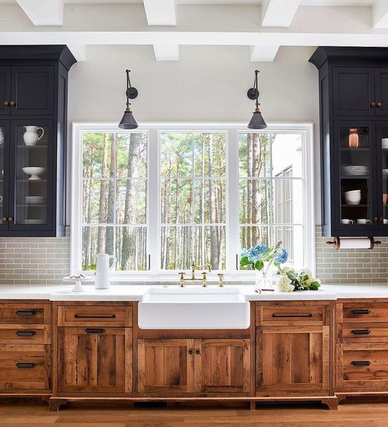 kitchen cabinet style with mission or craftsman style cabinets black on top and wood on bottom with farmhouse sink