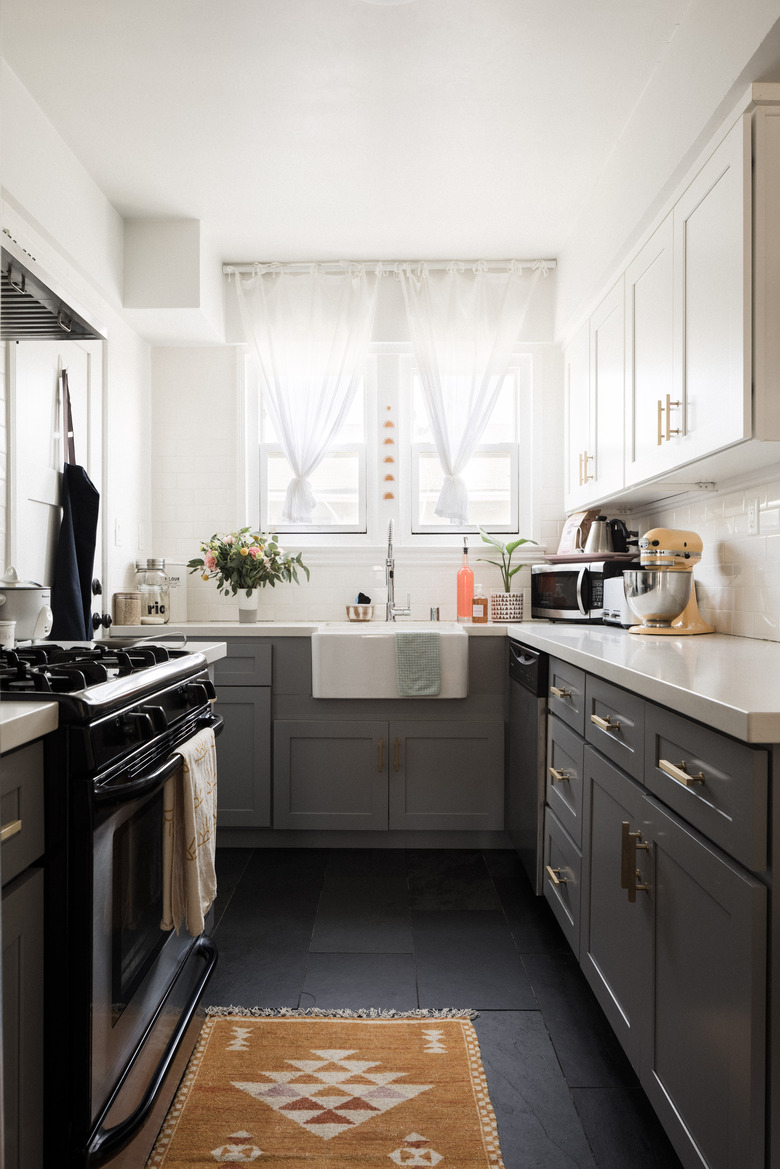 kitchen with gray cabinets and slate floors