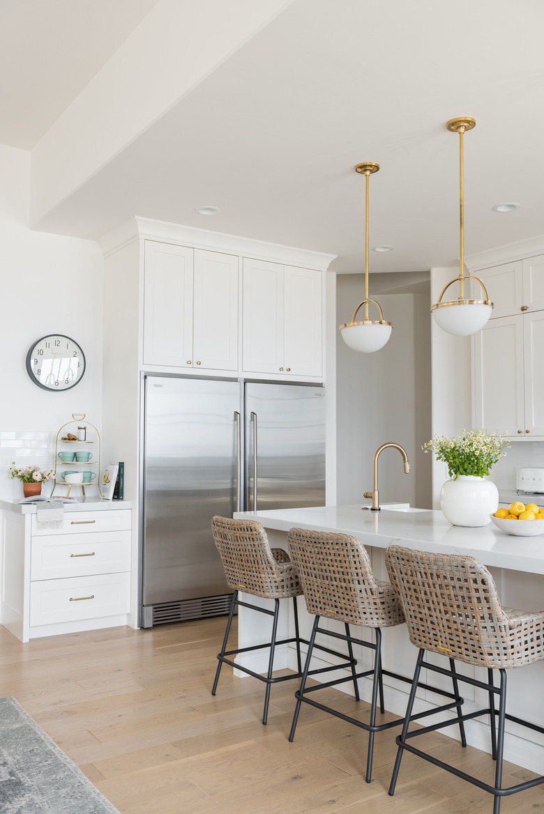 white contemporary kitchen island ideas with seating and woven counter stools