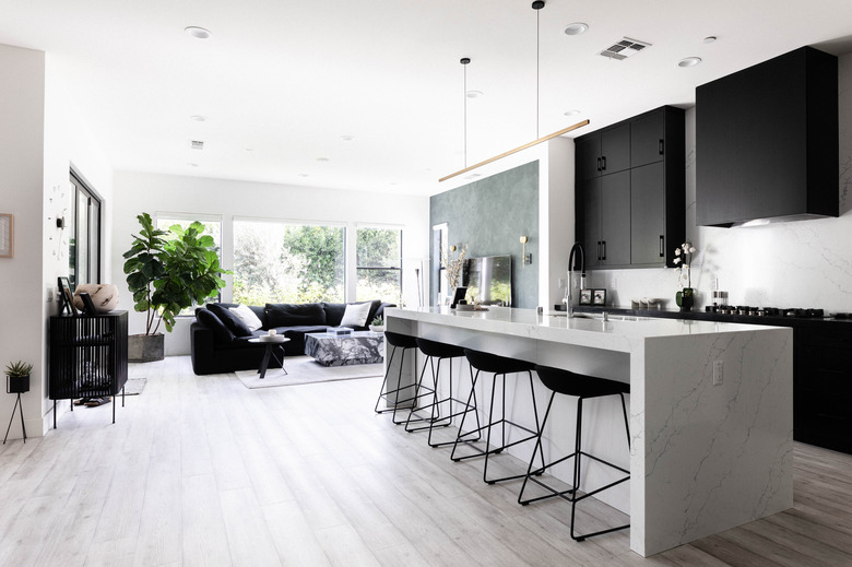 modern kitchen with long marble island