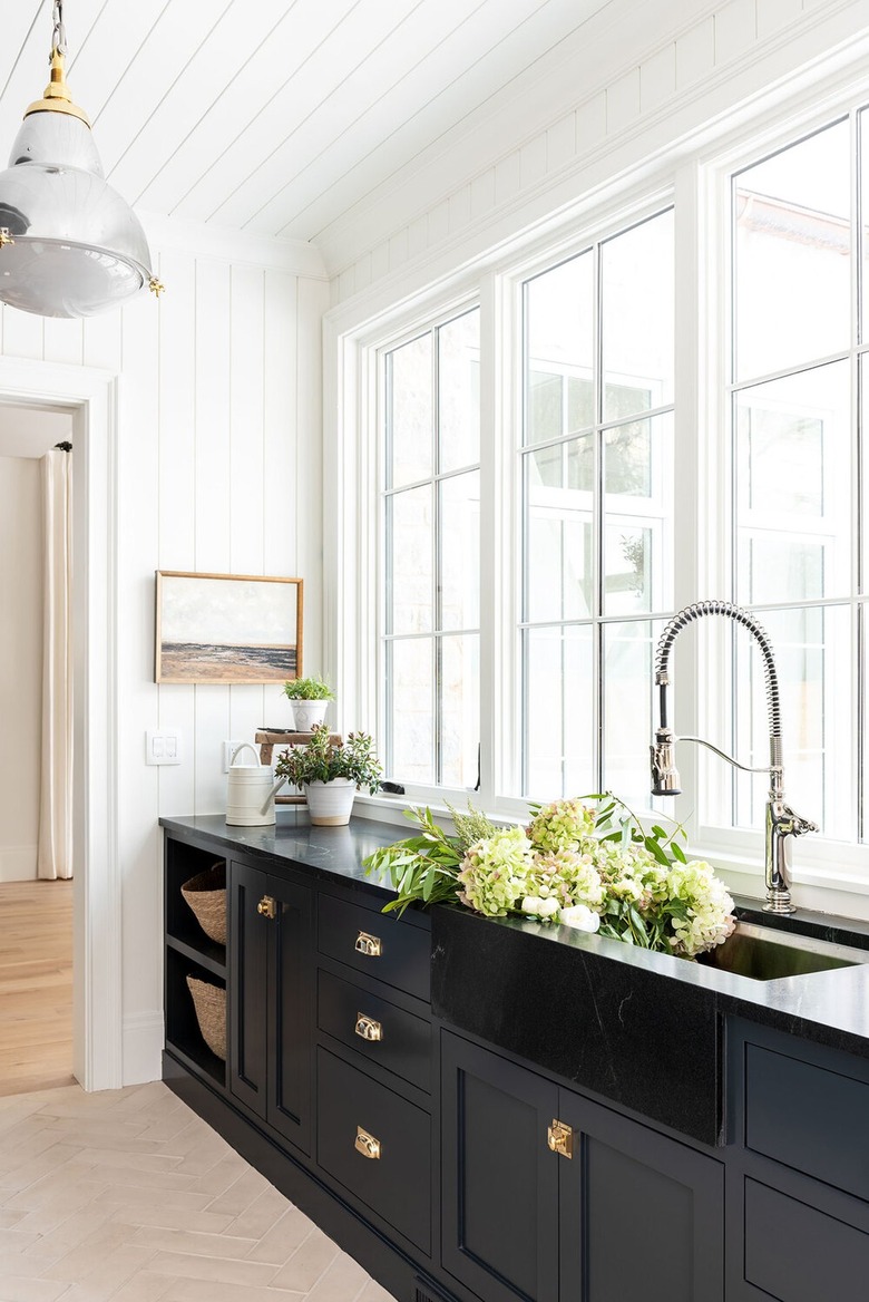 white shiplap kitchen idea with balck sink