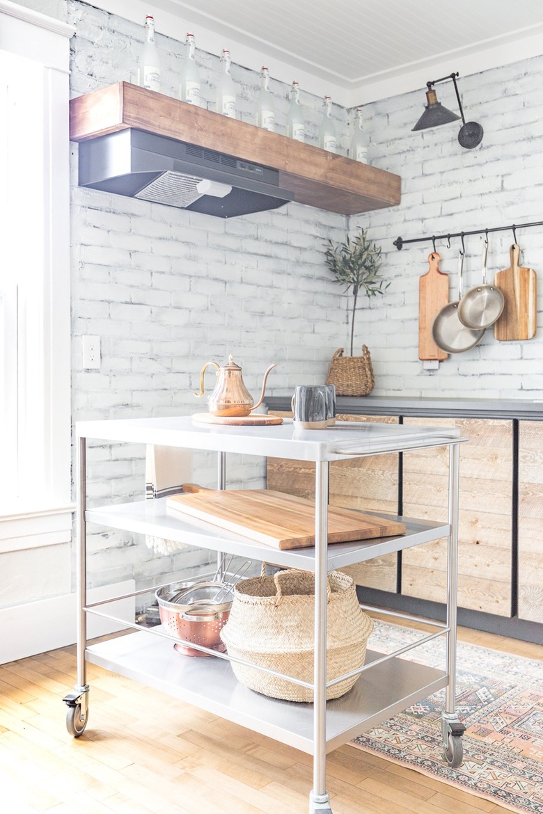 stainless steel kitchen cart in farmhouse kitchenette