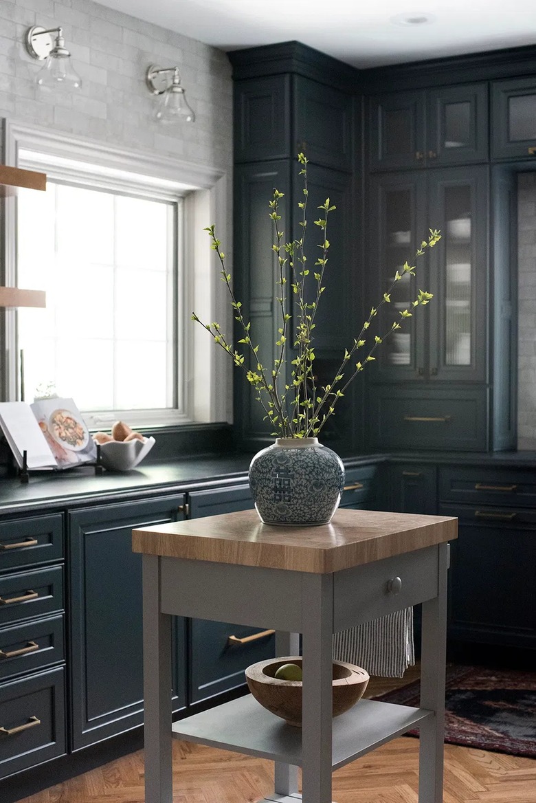 gray kitchen cart in classic blue and gray kitchen