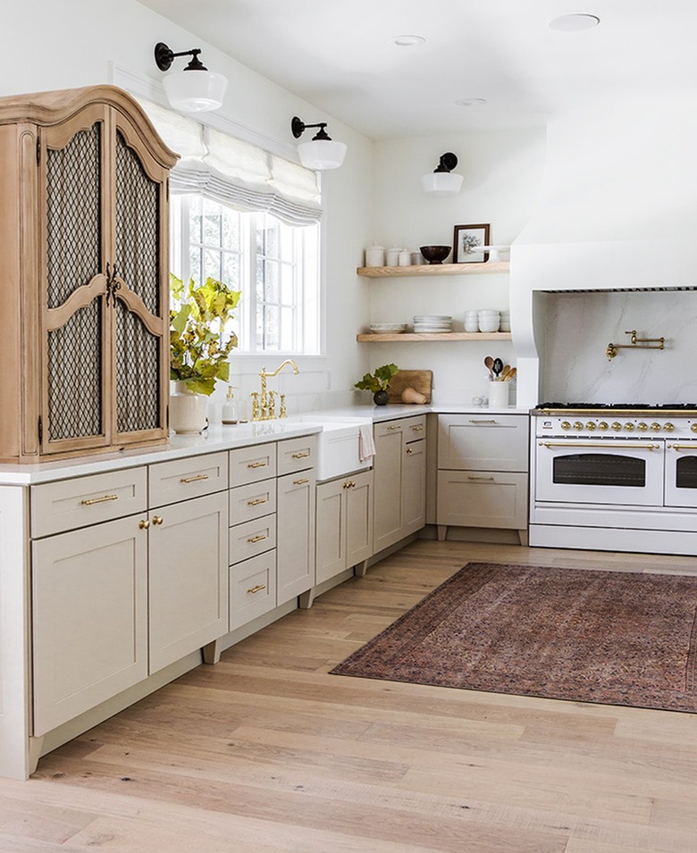 vintage style milk glass wall sconces in farmhouse kitchen