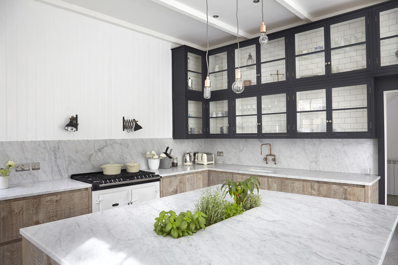 large open kitchen with island and indoor herb garden