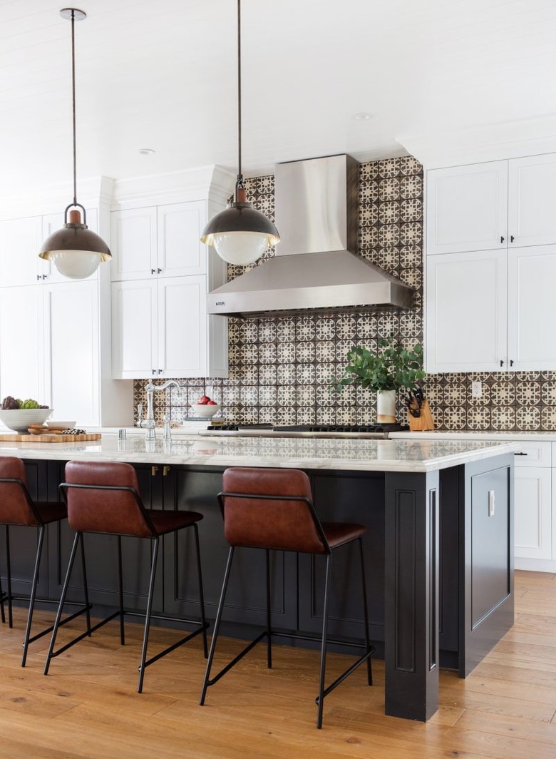 large kitchen with pattern tile backsplash