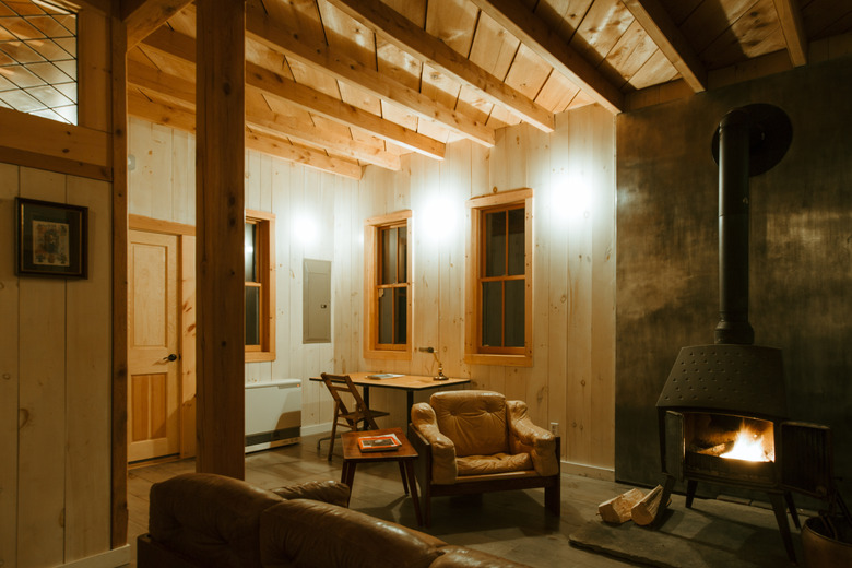 Rustic living room with fireplace and warm lighting