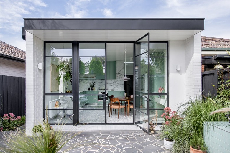 The view of the kitchen from the patio.