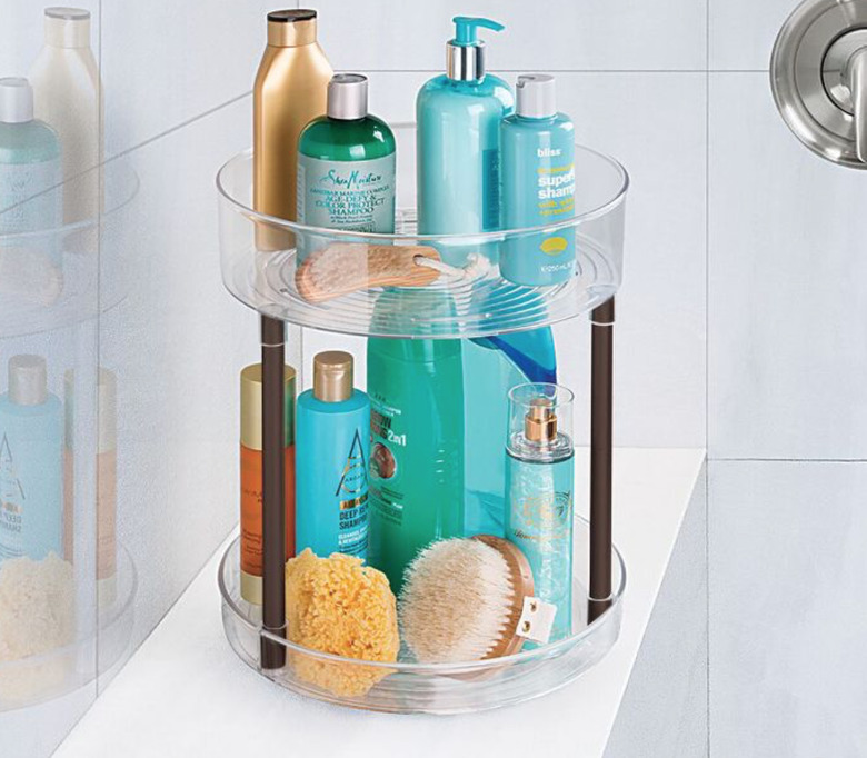 Makeup Organizer Ideas with Two tiered plastic makeup organizer.