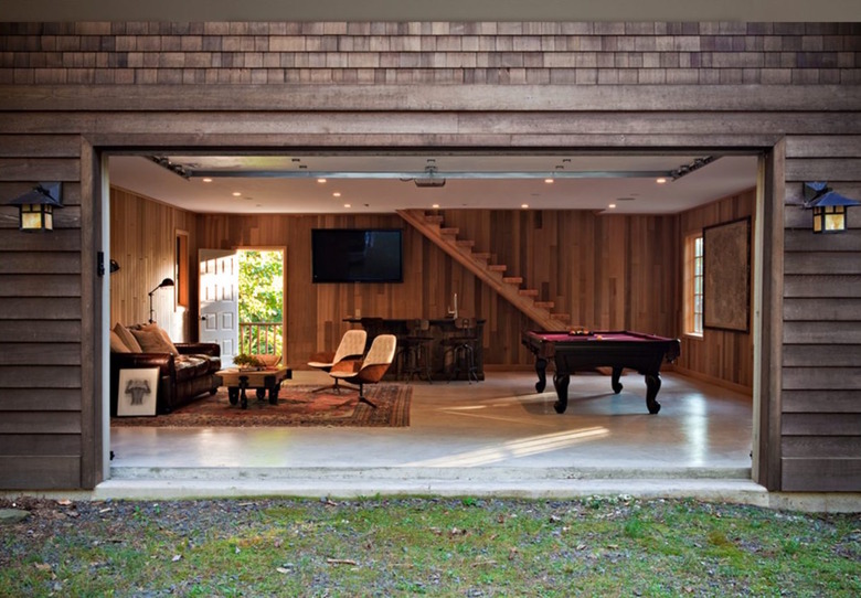 Fathers Day turned man cave idea in garage with pool table and wood paneled walls