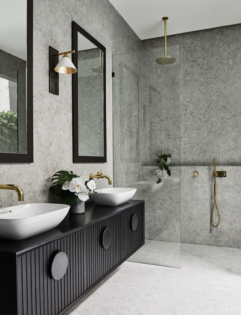 black double master bathroom vanity in gray bathroom