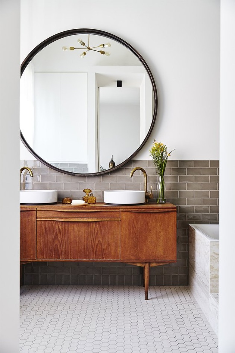 vintage master bathroom vanity with large mirror