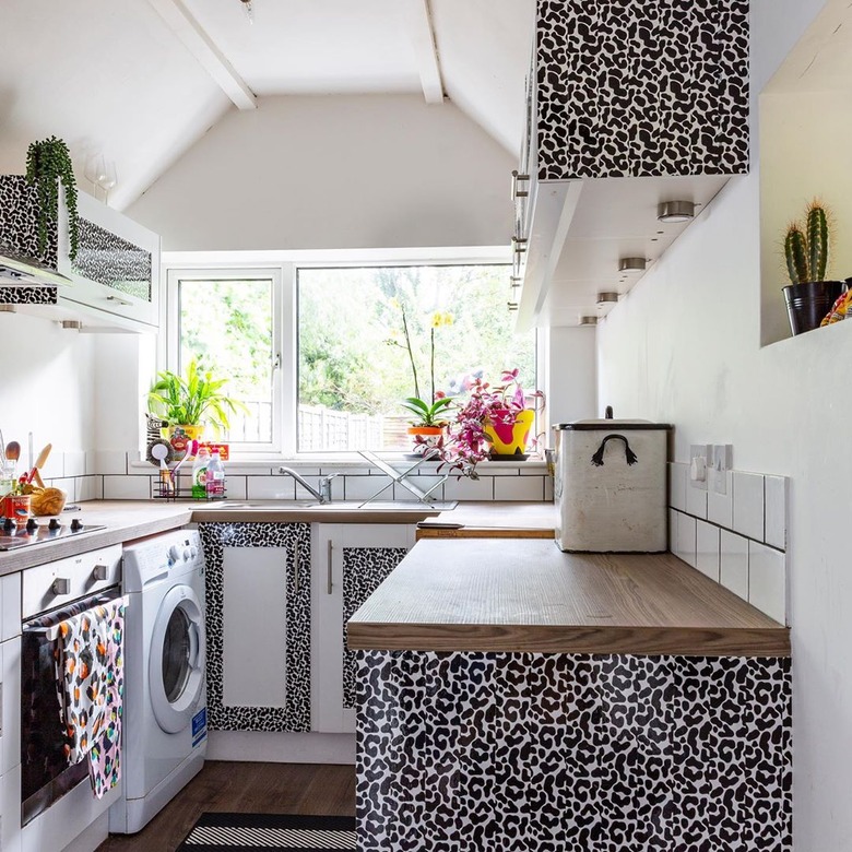 maximalist kitchen with contact paper kitchen cabinets