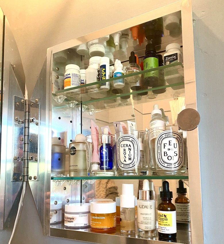 Medicine Cabinet Organization ideas in Medicine cabinet with skincare, medicine.