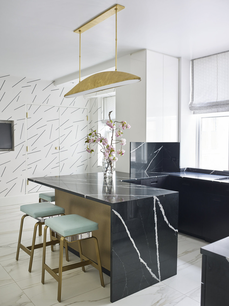 contemporary kitchen with confetti pattern wallpaper