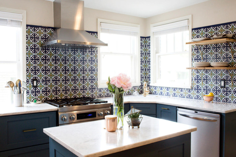 Blue and green Mexican tile backsplash in traditiional kitchen