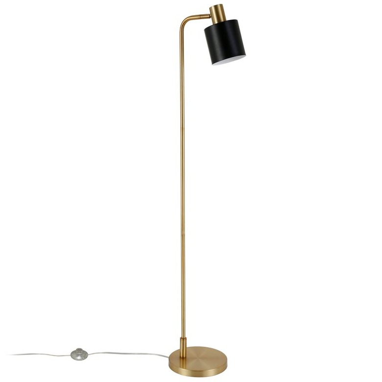 Brass L-shaped floor lamp with small black shade