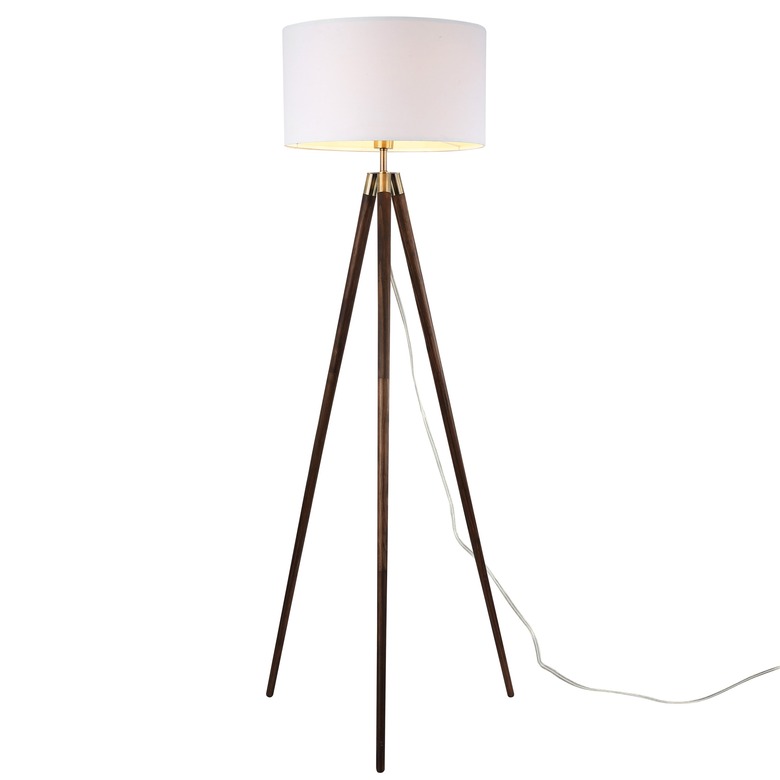 Tripod mid-century floor lamp with white shade and wooden legs