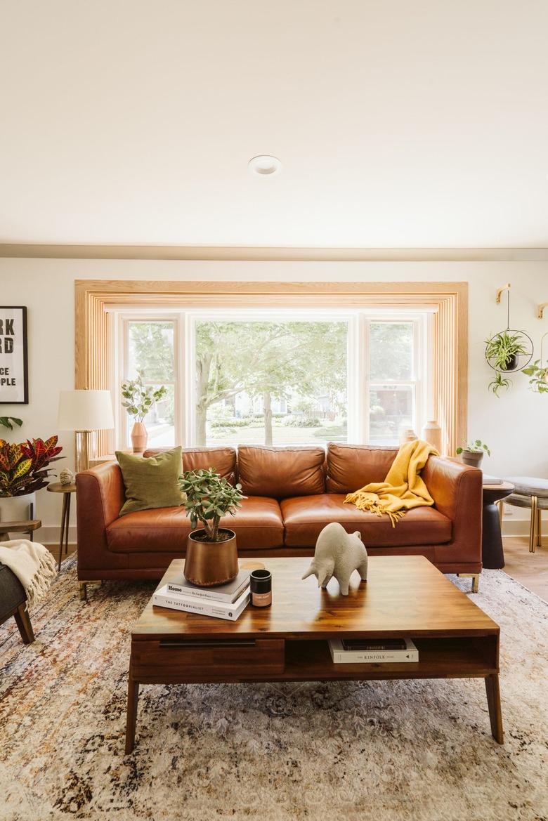 midcentury living room with leather sofa