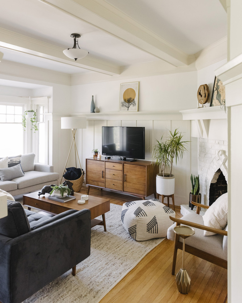 midcentury modern bohemian living room with wood furniture