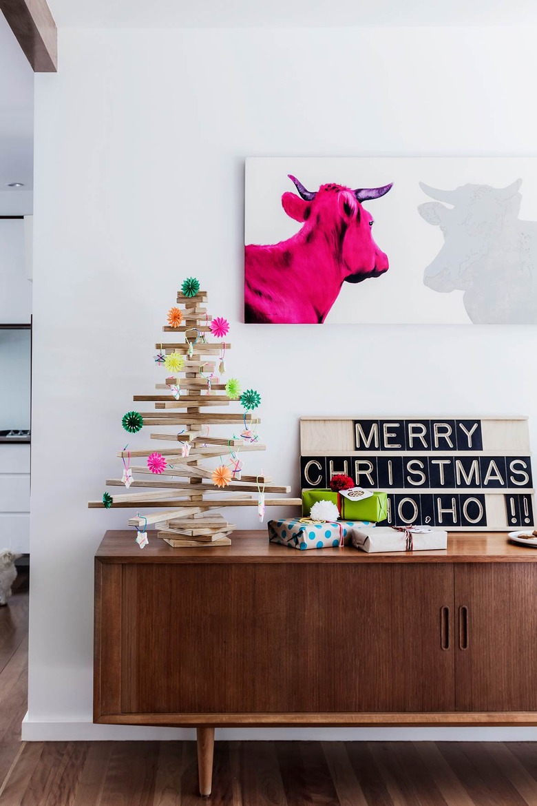 midcentury modern Christmas tree on console table made out of wood