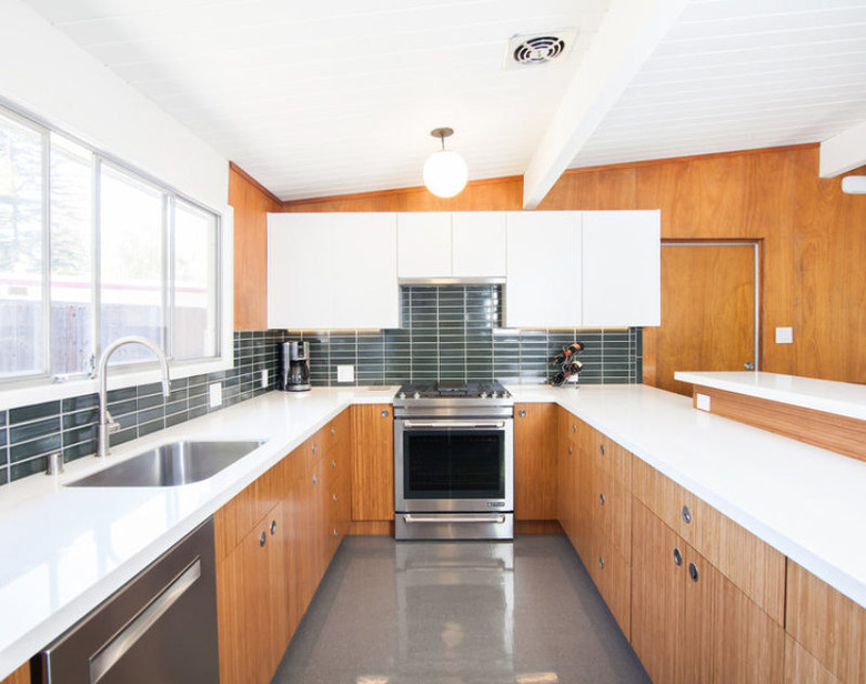 wood midcentury kitchen with shiny vinyl floor