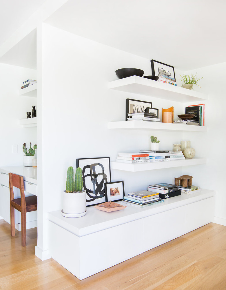 midcentury modern hallway with built in shelves