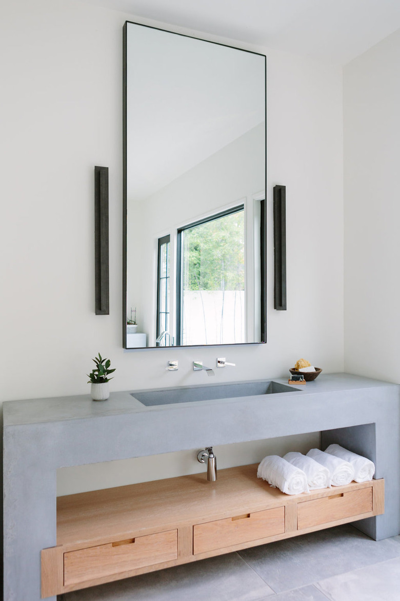 concrete open vanity in bathroom with minimalist bathroom storage