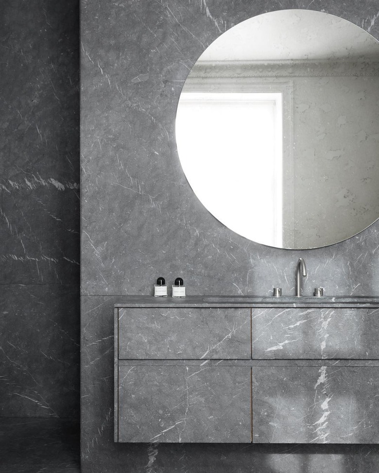 minimalist bathroom vanity with all gray cabinets and walls