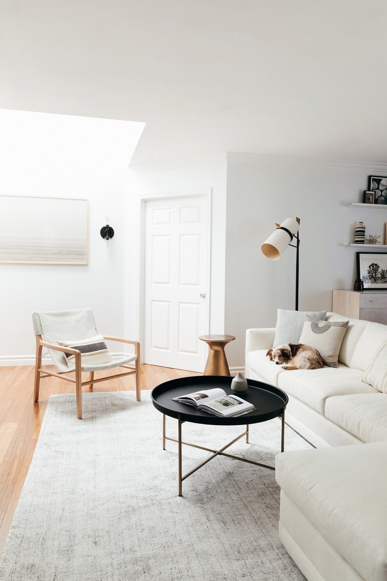 minimalist neutral living room with furniture in clean lines