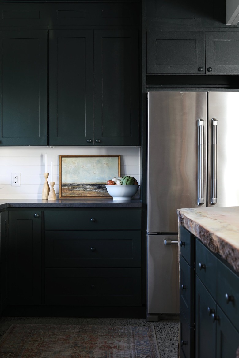 minimalist kitchen with dark cabinets and countertop decor