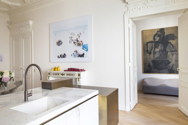 minimalist kitchen sink in kitchen with crown molding and marble sink