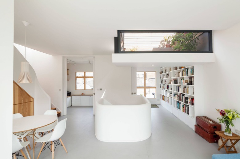 loft with minimalist room paint colors and white staircase