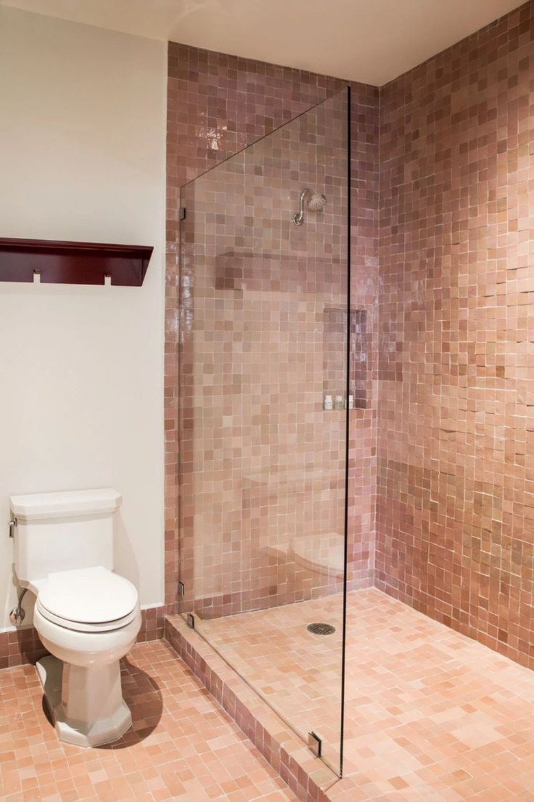 modern minimalist shower with pink zellige tiles