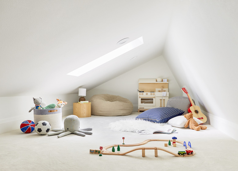 Minimalist toy storage idea with woven basket in playroom