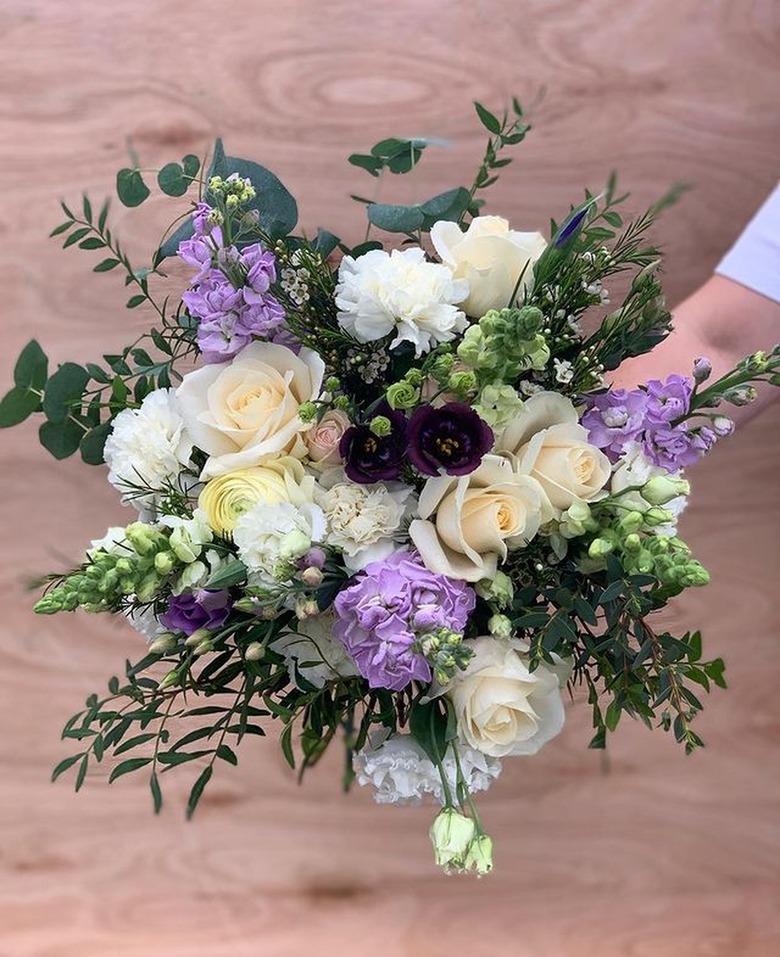 purple and white flower arrangement