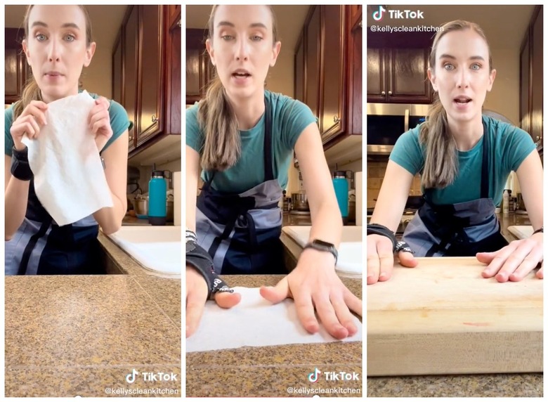 On the left is a woman in a green shirt holding a wet paper towel. In the middle is the same woman placing the towel flat on their marble countertops. On the right is the same woman with her hands placed on a wooden cutting board.