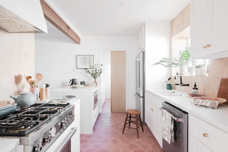 white and wood contemporary kitchen with white cabinets