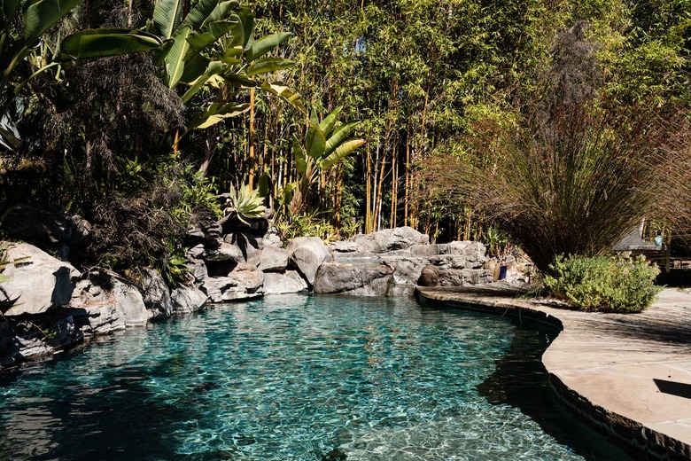 An in-ground swimming pool surrounded by landscaping