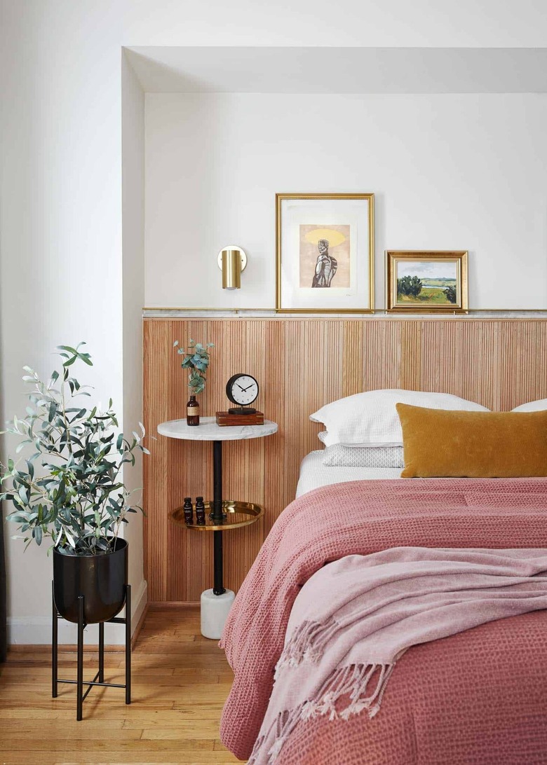 small bedroom with modern wood wall treatment