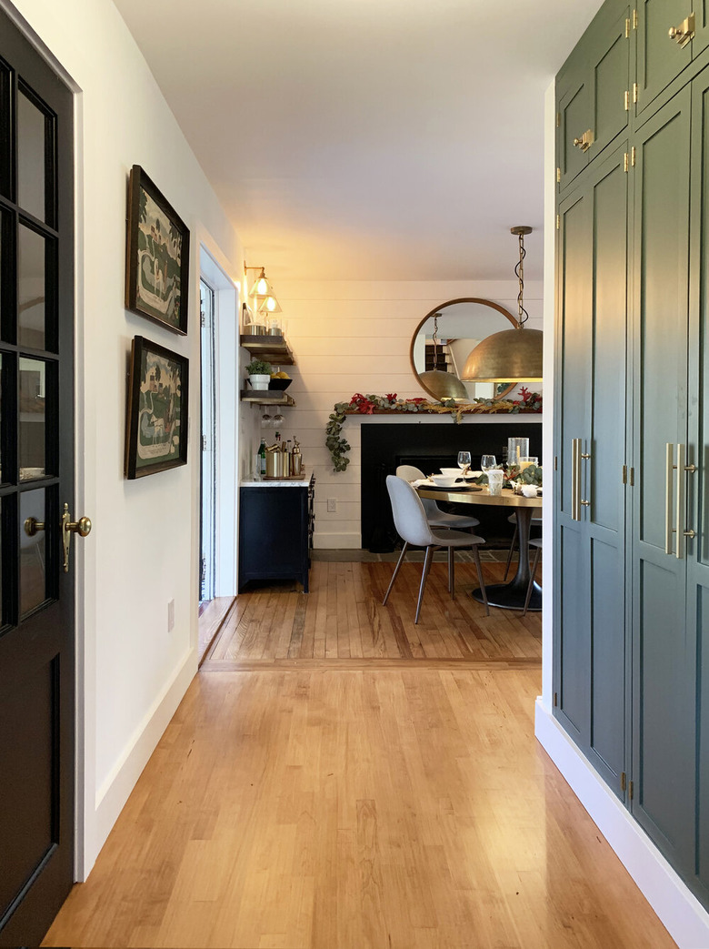 farmhouse hallway idea with neutral green walls